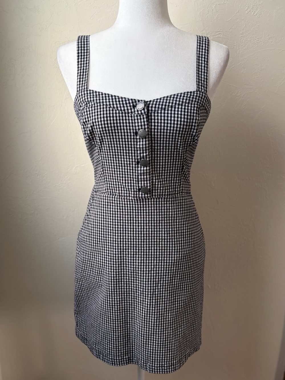 Hollister Gingham Mini Dress Black White Button Front Fitted Small